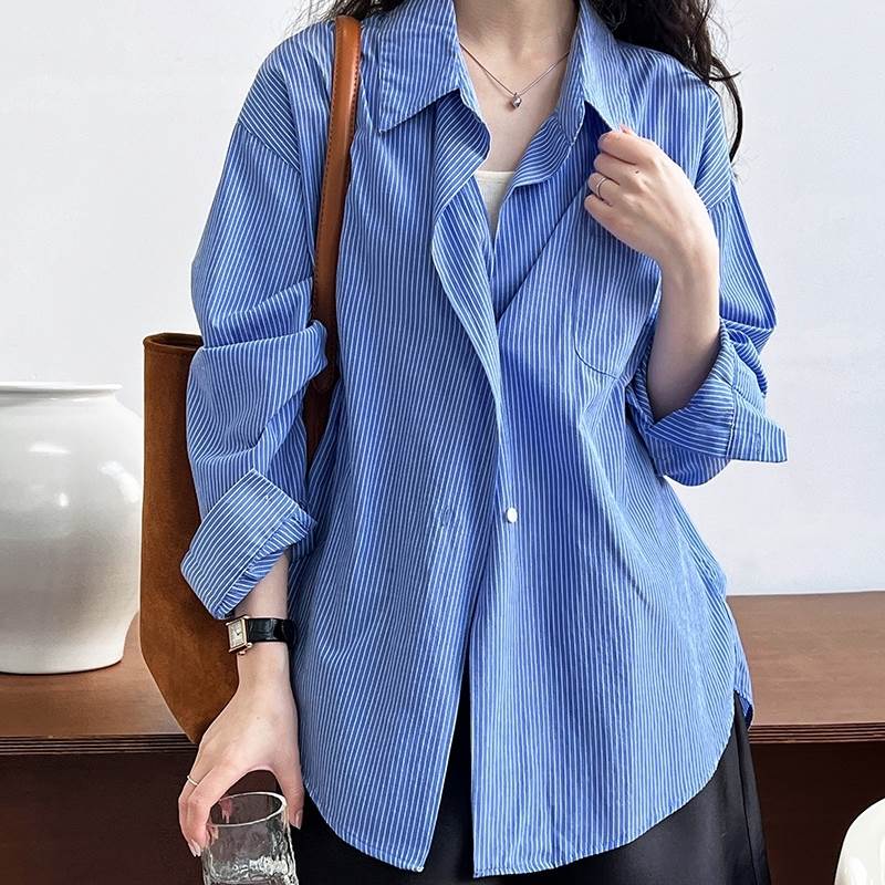 【P2倍&クーポン有】トップス シャツ ブラウス 春 秋 冬 長袖 襟付き オーバーサイズ ホワイト ブルー ..