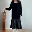 【P2倍&クーポン有】ワンピース ワンピドレス 春 秋 冬 ひざ下 ミモレ丈 長袖 ラウンドネック フレア マーメイド ブラック ピンク M L パーティー イ...