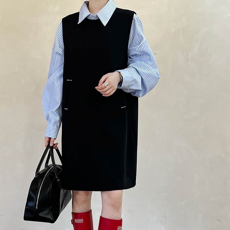 【P2倍&クーポン有】ワンピース ワンピドレス 春 夏 秋 冬 ひざ丈 ミディアム丈 ステッチ 袖なし ラウンドネック ストレート ブラック M L パーティー...