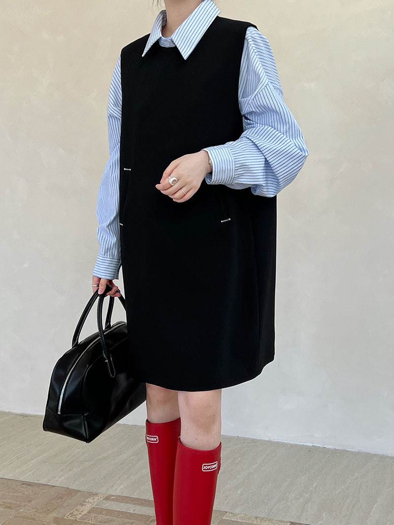 【P2倍&クーポン有】ワンピース ワンピドレス 春 夏 秋 冬 ひざ丈 ミディアム丈 ステッチ 袖なし ラウンドネック ストレート ブラック M L パーティー イベント ホテル ガーデン レストラン コンサート 外出 体型カバー 1枚で決まる 普段使い 日常使い 着痩せ 効