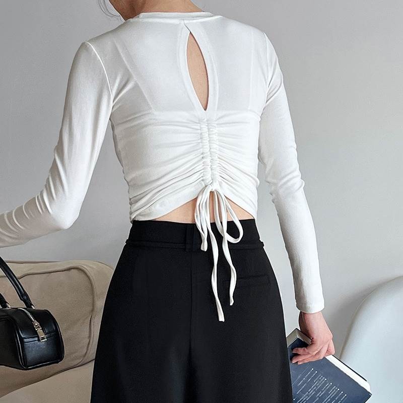 【P2倍&クーポン有】トップス Tシャツ カットソー 白トップス 春 秋 冬 長袖 ラウンドネック リボンタイト バックコンシャス ブラック グレー ホワイト M L オフィス 学校 大学 パーティー イベント ガーデン レストラン コンサート ライブ 外遊び 体型カバー 普段