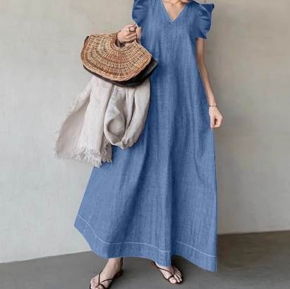 【P2倍&クーポン有】ワンピース レディース デニムワンピース ワンピドレス フレアワンピース 夏 ひざ下 ロング丈 半袖 フレアスリーブ Vネック 襟なし デ...