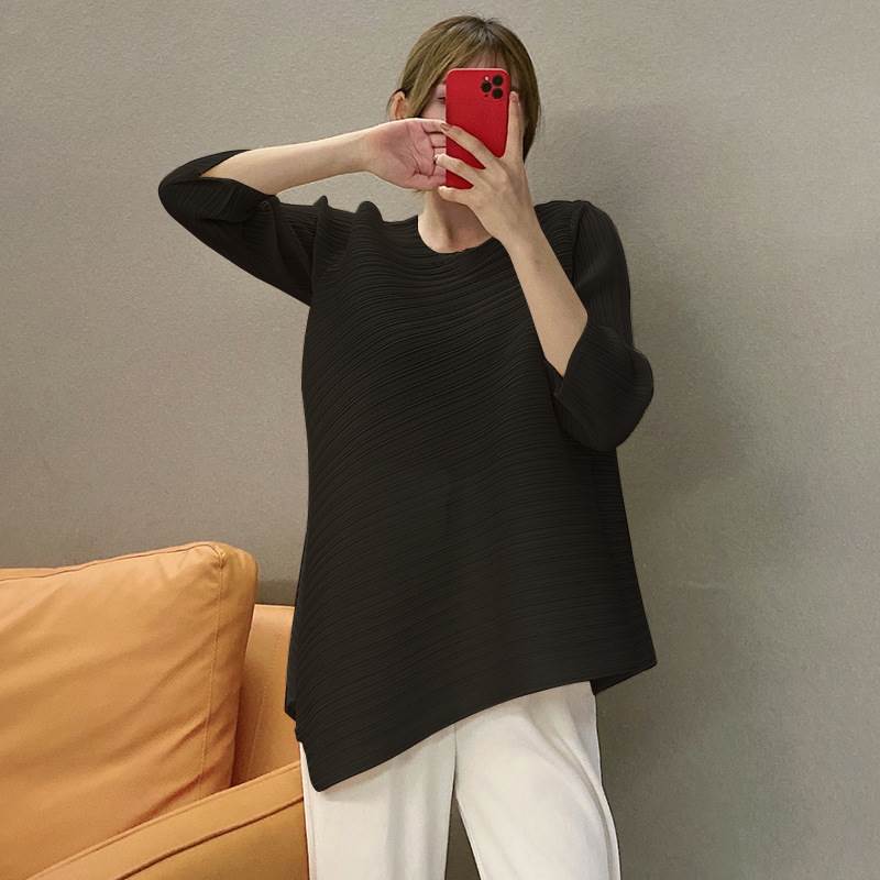 【P2倍&クーポン有】トップス シャツ ブラウス 春 秋 冬 七分袖 ラウンドネック フレア ブラック グレー ブルー 無地 フリーサイズ オフィス 学校 大学 パーティー イベント リゾート ガーデン 外遊び 体型カバー 普段使い 日常使い 楽ちん 着痩せ 効果 定番