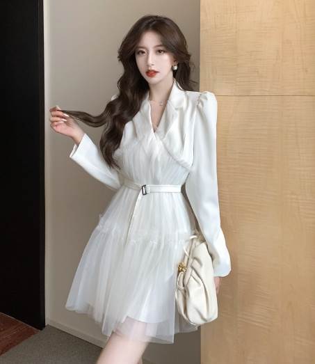 【P2倍&クーポン有】ワンピース スーツ レディース ワンピドレス 秋 ミニ ひざ上 お尻カバー ポッコリお腹カバー 長袖 Vネック 襟付き デコルテきれい 鎖...