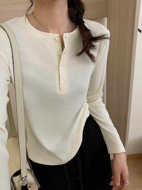 【P2倍&クーポン有】トップス レディース シャツ カットソー プルオーバー ロンT 秋 冬 ミドル丈 普通丈トップス 長袖 ラウンドネック 襟なし ノーカラー スリム ストレート 伸縮性 ブラック 黒 グレー 灰色 ベージュ ピンク イエロー 黄色 無地 M L XL LL