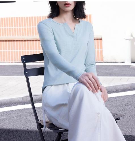 【P2倍&クーポン有】トップス レディース シャツ カットソー プルオーバー ロンT 秋 冬 ミドル丈 普通丈トップス 長袖 Vネック デコルテきれい 鎖骨きれい スリム ストレート すっきり ハリ感 カラバリあり ブラック 黒 グレー 灰色 ホワイト 白 アプリコット ブラウン