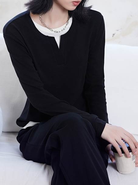 【P2倍&クーポン有】トップス レディース シャツ カットソー プルオーバー ロンT 秋 冬 ミドル丈 普通丈トップス 長袖 二の腕カバー ラウンドネック 襟なし ストレート フェイクレイヤード カラバリあり ブラック 黒 グレー 灰色 秋カラー 無地 S M L XL LL 2XL 3L