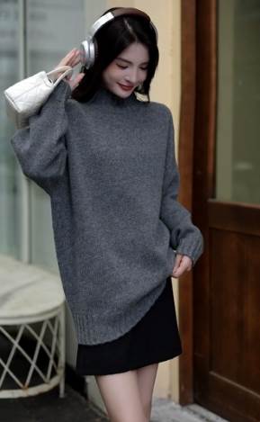 Turtleneck - 【P2倍&クーポン有】トップス レディース ニット セーター 秋 冬 ミドル丈 普通丈トップス 長袖 半ハイネック ストレート もこもこ ふっくら 伸縮性 カラバリあり 黒 グレー アプリコット 緑 ネイビー オレンジ ダークグリーン 無地 M L ゆったり 厚手 旅行