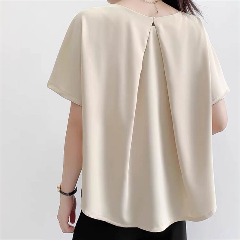 【P2倍&クーポン有】トップス レディース Tシャツ ブラウス 白トップス 春 夏 普通丈トップス 半袖 腕出し ドルマンスリーブ ラウンドネック タック入り 落ち感 バック 後ろ カラバリあり ブラック 黒 グレー 灰色 ホワイト 白 アプリコット 緑 グリーン 無地