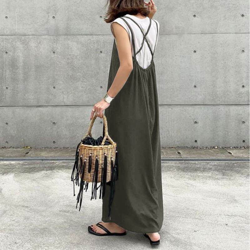 【P2倍&クーポン有】ワンピース 春 夏 秋 袖なし Uネック フレア 背中空き ブラック ベージュ グリーン 無地 フリーサイズ 学校 バイト イベント 旅行...