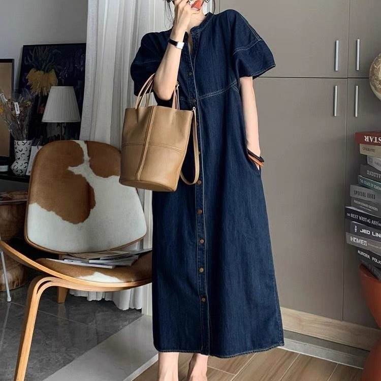 【P2倍&クーポン有】ワンピース デニムワンピース シャツワンピース 春 夏 ミモレ丈 半袖 ステッチ 襟付き ストレート ブルー ライトブルー S M L X...