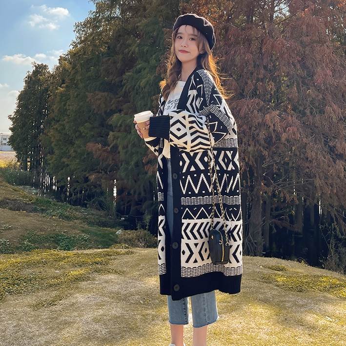 【P2倍&クーポン有】トップス アウター ニット セーター カーディガン 秋 冬 ひざ下 長袖 Vネック 総柄 S M L XL LL 2XL 3L 学校 バイト イベント リゾート 高原 ガーデン ライブ 外遊び 外出 体型カバー 重ね着しやすい 普段使い 日常使い 楽ちん 細見え(4.0)