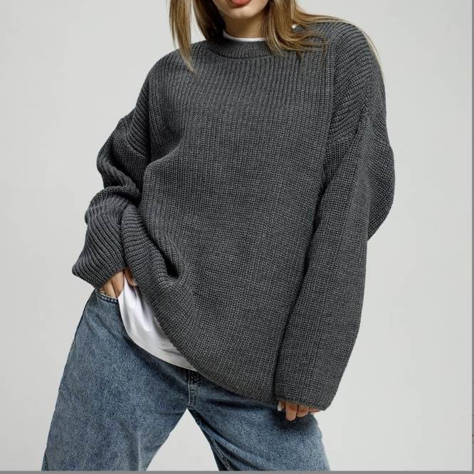 【P2倍&クーポン有】ニット セーター クルーネック 丸首 BIGシルエット オーバーサイズ 落ち感 ボリューム トップス プルオーバー 個性的 秋 冬 ミモレ丈 長袖 二の腕カバー 萌袖 ドロップショルダー クロスボーダー ブラック グレー ライトグレー ホワ