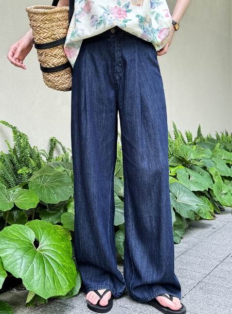 Straight Jeans - 【P2倍&クーポン有】ボトムス パンツ レディース Gパン ストレート デニム ワイド ワイドパンツ 夏 ストレート ワイドレッグ ハイウエスト 落ち感 ファスナー ポケット ハリ感 ブルー 青 無地 S M L XL LL デニム ブルーデニム 薄手 リゾート 旅行 外出 体型カバ