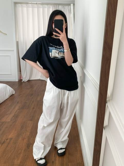 乐天商城 - 【P2倍&クーポン有】トップス レディース Tシャツ シャツ プルオーバー 白シャツ 白トップス 夏 普通丈トップス 長袖 ラウンドネック 襟なし ノーカラー ストレート オーバーサイズ カラバリあり ブラック 黒 ライトグレー ホワイト 白 オフホワイト オートミール プリ