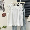 【P2倍&クーポン有】トップス シャツ ブラウス タンクトップ 春 夏 袖なし ラウンドネック ホワイト フリーサイズ 学校 大学 イベント ガーデン レストラン コンサート ライブ カラオケ 外出 体型カバー 重ね着しやすい 普段使い 楽ちん デイリー ベーシック シンプ