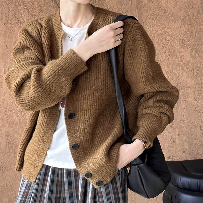 尼龍, 人造絲, 聚酯 - 【P2倍&クーポン有】カーディガン トップス レディース 上着 秋 冬 普通丈トップス 長袖 クルーネック 丸首 襟なし 羽織り 前開き グレー アプリコット ブラウン 無地 フリーサイズ 旅行 重ね着しやすい 普段使い 日常使い 楽ちん 若見え 高見え 格上げ