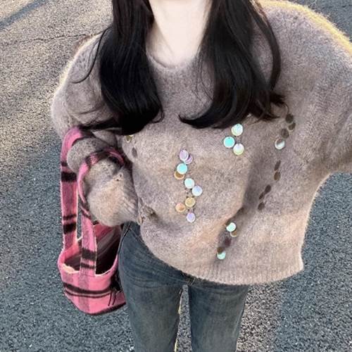 Knitting, Sweaters - 【P2倍&クーポン有】トップス レディース ニット セーター 個性的 秋 冬 普通丈トップス 長袖 クルーネック 丸首 襟なし スパンコール ブラウン 無地 S M L XL LL 外出 普段使い 日常使い 楽ちん 若見え 高見え 格上げ 定番 着回し デイリー 目立つ コーディネー
