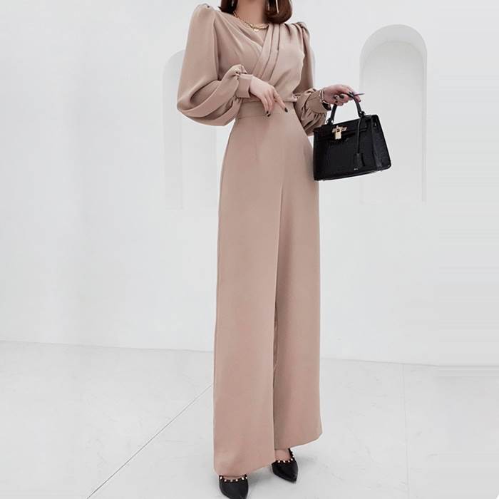 【P2倍&クーポン有】オールインワン レディース 個性的 春 秋 長袖 Vネック 細身 ストレート ウエストマーク カラバリあり ブラック ベージュ 無地 S M L XL LL パーティー 式典 イベント 1枚で決まる 美脚 脚長 細見え 若見え 高見え 格上げ スタイルアップ 人とか