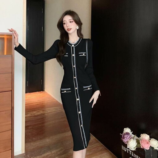 【P2倍&クーポン有】ドレス ワンピース パーティー 発表会 ステージ 舞台 衣装 コスプレ コスチューム ラウンジ クラブ 膝上 ミディアム丈 長袖 ラウンドネック タイト スリム 細身 ニット 可愛い きれいめ シンプル カジュアル 大人可愛い おしゃれ キュート ガーリー