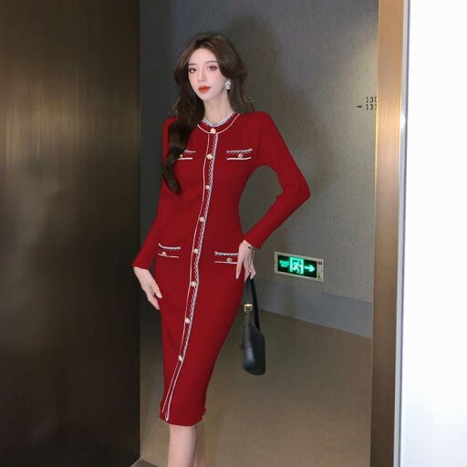 【P2倍&クーポン有】ドレス ワンピース パーティー 発表会 ステージ 舞台 衣装 コスプレ コスチューム ラウンジ クラブ 膝上 ミディアム丈 長袖 ラウンドネック タイト スリム 細身 ニット 可愛い きれいめ シンプル カジュアル 大人可愛い おしゃれ キュート ガーリー