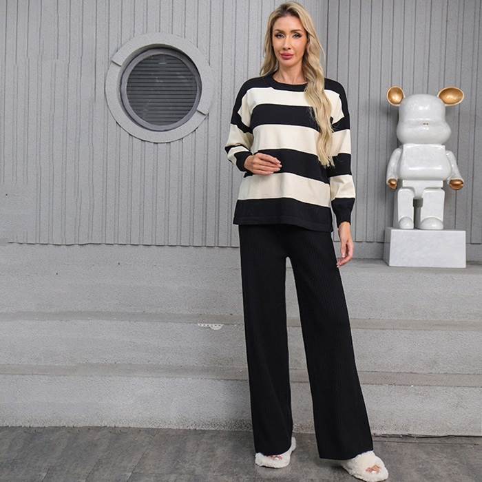 【P2倍&クーポン有】トップス ボトムス セットアップ 上下セット 2点セット レディース ニット ワイドパンツ 秋 冬 普通丈トップス 長袖 クルーネック 丸首 襟なし カラバリあり ブラック グリーン ピンク ブラウン イエロー ボーダー フリーサイズ 普段使い 日常使い