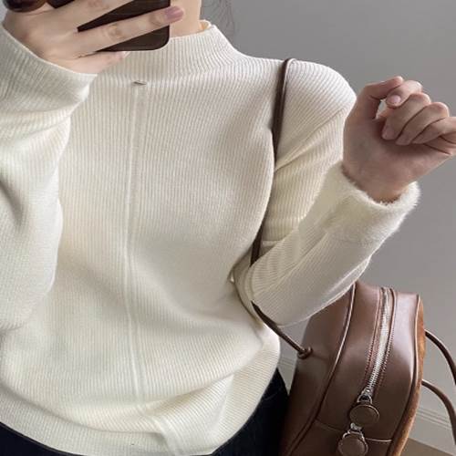 Turtleneck - 【P2倍&クーポン有】トップス レディース ニット セーター プルオーバー 秋 冬 普通丈トップス 長袖 襟付き 半ハイネック カラバリあり ブラック グレー アプリコット レッド ブラウン イエロー オフホワイト 無地 フリーサイズ 普段使い 日常使い 若見え 高見え 格上