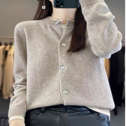 Crew Neck - 【P2倍&クーポン有】ニット セーター カーディガン トップス レディース 秋 冬 普通丈トップス 裾イン 長袖 クルーネック 丸首 前開き カラバリあり ブラック ライトグレー キャメル レッド ブラウン ダークグレー 無地 M L XL 2XL 普段使い 日常使い 若見え 定番 着回