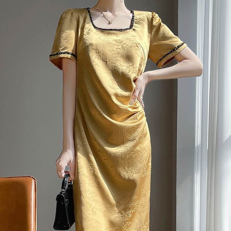 レディース スリム フィット ロング ワンピース オケージョンドレス ワンピドレス 春 夏 ロング丈 半袖 スクエアネック 襟なし ノーカラー Iライン 刺繍 ...