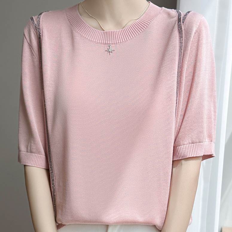 レディース サマーニット クルーネック スパンコール ニット 春 夏 普通丈トップス 半袖 五分袖 ビジュー 編み込み カラバリあり ブラック 黒 グレー 灰色 ベージュ ピンク ライトブルー 水色 イエロー 黄色 無地 サイズ豊富 M L XL LL 2XL 3L 大きいサイズ 薄手