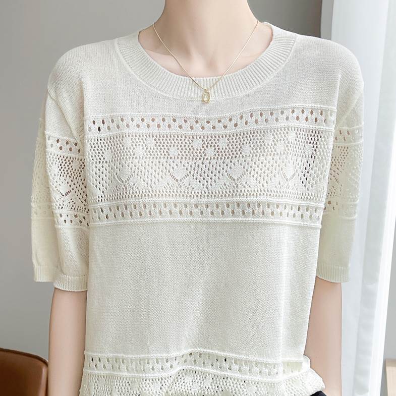レディース クルーネック サマーニットと 透かし編み 夏 普通丈トップス 半袖 刺繍 編み込み 透け感 カラバリあり グレー 灰色 ホワイト 白 緑 グリーン ピンク M L XL LL ゆったり 薄手 オフィス 職場 外出 仕事 体型カバー 1枚で決まる 着回し 合わせやすい