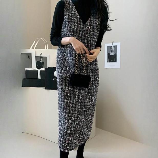 ワンピドレス 春 秋 冬 ひざ下 ミモレ丈 袖なし Vネック 襟付き 細身 ブラック ツイード S M L XL LL ..