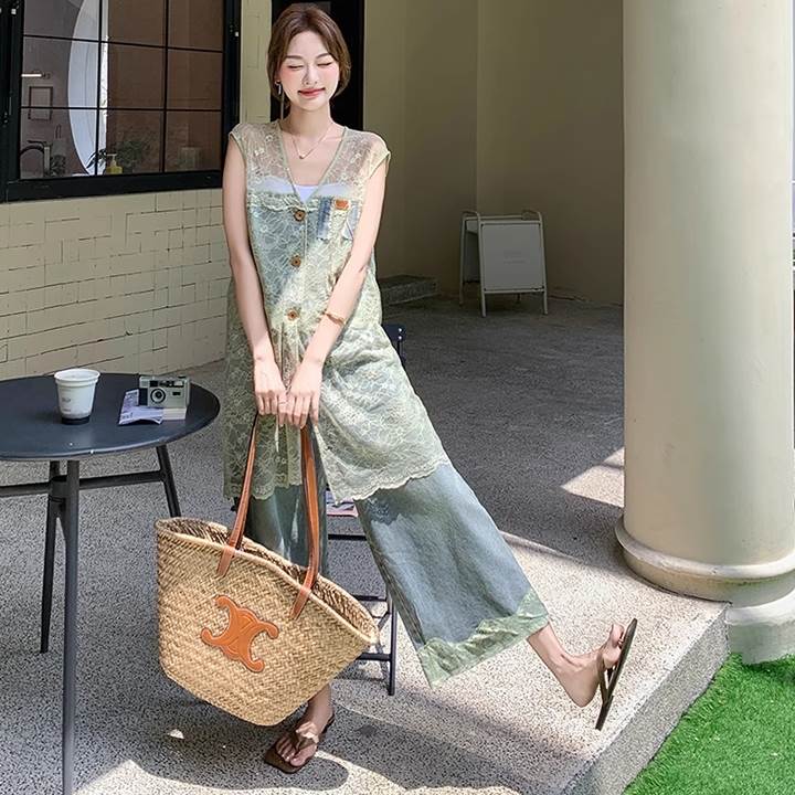 2点セット レース ロングジレ 裾レース ワイドジーンス ベスト ジレ Gパン ガウチョ ワイド 夏 アンクル丈 ロング丈 お尻カバー 袖なし 腕出し ノースリーブ Vネック 襟なし ワイドレッグ すっきり 肩だし 肌みせ 総レース シフォン 透け感 シースルー シアー グリーン