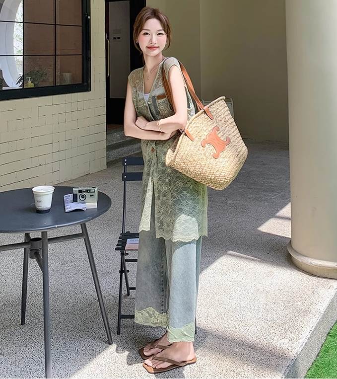2点セット レース ロングジレ 裾レース ワイドジーンス ベスト ジレ Gパン ガウチョ ワイド 夏 アンクル丈 ロング丈 お尻カバー 袖なし 腕出し ノースリーブ Vネック 襟なし ワイドレッグ すっきり 肩だし 肌みせ 総レース シフォン 透け感 シースルー シアー グリーン