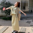ツーピース スウェット 上下セット カットソー ペンシルスカート 夏 ロング丈 普通丈トップス 半袖 クルーネック 丸首 襟なし ノーカラー Iライン ドローコード ウエストゴム イエロー 黄色 無地 英字ロゴ S M L XL LL 大学 リゾート 旅行 外出 体型カバー 1枚で決まる
