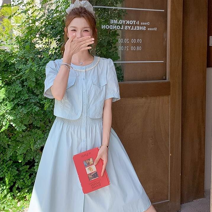 ドッキング 重ね着風 シャツ ワンピース ブルゾン ジャケット シャツワンピース 夏 ひざ丈 短丈トップス 半袖 パフスリーブ クルーネック 丸首 襟なし ノー...