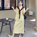 ツーピース スウェット アシンメトリー トップス ロング スカート カットソー ペンシルスカート ロンT 夏 ロング丈 裾長め お尻カバー 半袖 ドロップショルダー クルーネック 丸首 襟なし Iライン 肌みせ お腹みせ ウエストゴム イエロー 黄色 無地 S M L XL LL 学校