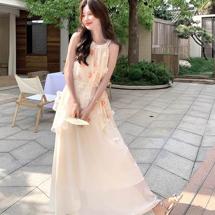 ドッキング ホルターネック シフォン ワンピース ワンピドレス フレアワンピース 夏 アンクル丈 長丈トップス 裾長め 袖なし 腕出し フレア すっきり 肩だし...