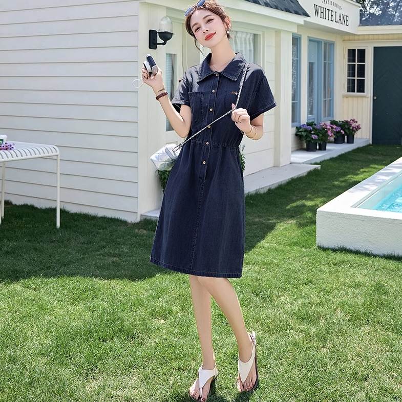 デニム シャツ ワンピース シャツワンピース 夏 ひざ丈 半袖 襟付き Aライン 刺繍 ポケット ウエストゴム ボタン カラバリあり ネイビー 藍色 ライトブル...