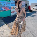 ノースリーブ ロング ワンピース フレアワンピース 夏 ロング丈 袖なし 腕出し Uネック 襟なし フレア 背中空き タック入り ポケット 淡色 ベージュ チェ...