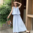 2点セット ノースリーブ シャツ ロング スカート カーゴ フレアスカート 夏 ロング丈 裾長め 袖なし 腕出し Uネック 襟なし 鎖骨きれい フレア ボリューム タック ポケット ブルー 青 無地 S M L リゾート 旅行 外出 体型カバー 普段使い 日常使い 楽ちん 細見え 着痩せ