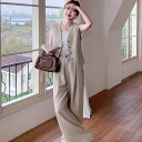 ツーピース ベスト ワイドパンツ セットアップ ワイド 夏 フルレングス 普通丈トップス 袖なし 腕出し Vネック 襟なし ポケット タック入り 落ち感 ボタン 淡色 ベージュ 無地 S M L XL LL リネン風 オフィス 職場 仕事 重ね着しやすい 美脚 脚長 高見え 格上げ