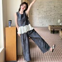 2点セット ノースリーブ 切り替え チュニック ワイドパンツ 夏 フルレングス 裾短め 袖なし 腕出し Uネック 襟なし ワイドレッグ チュール フリル グレー 灰色 S M L XL LL リゾート 旅行 外出 体型カバー 流行 トレンド 普段使い 日常使い 楽ちん 華奢見え 細見え