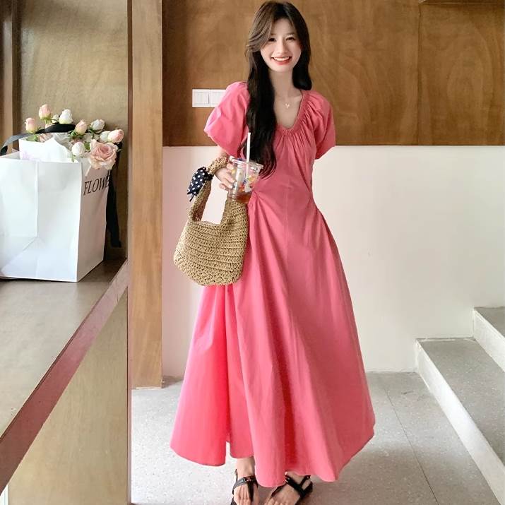 ロング フレア ワンピース 深Vネック 夏 マキシ丈 半袖 ぽわん袖 パフスリーブ Vネック 襟なし ノーカラー 鎖骨きれい シャーリング ポケット ピンク 無...