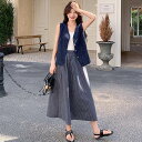 上下セット デニム ベスト ロング スカート 春 夏 ロング丈 普通丈トップス 袖なし 腕出し Vネック 襟なし ノーカラー フレア ドロスト..