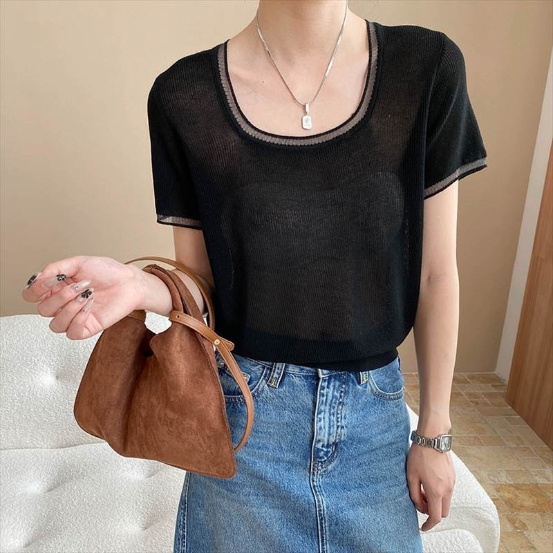 レディース サマーニット カットソー ニット 夏 普通丈トップス 半袖 シアー袖 Uネック 襟なし ノーカラー デコルテきれい 鎖骨きれい 編み込み 透け感 カラバリあり ブラック 黒 ホワイト 白 ピンク ブルー 青 ライトブルー 水色 無地 フリーサイズ オフィス 大学 外出