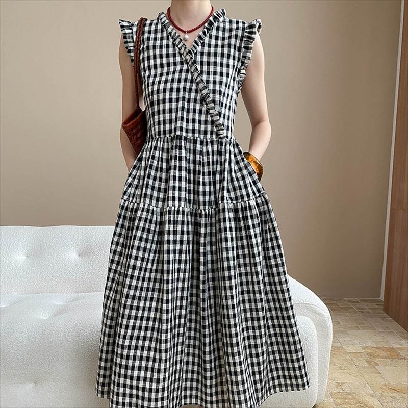 カシュクール チェック柄 ワンピース フレアワンピース ティアードワンピ 夏 ロング丈 袖なし 腕出し フレア フリル ブラック 黒 ブルー 青 柄あり 総柄 ...