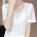 レディース Vネック 薄手 Tシャツ 春 夏 普通丈トップス 裾イン 襟なし ノーカラー 透け感 ブラック 黒 グレー 灰色 ホワイト 白 赤 レッド 緑 グリーン ピンク ライトブルー 水色 無地 サイズ豊富 M L XL LL 2XL 3L オフィス 学校 大学 職場 リゾート 旅行 海 外出