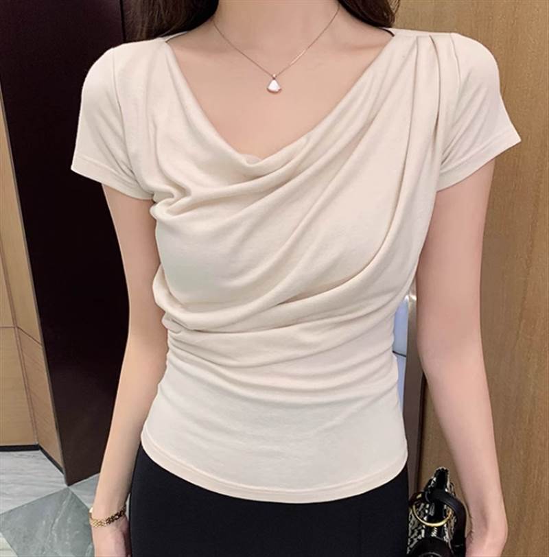 Original - 【P2倍&クーポン有】 レディース トップス Vネック 無地 半袖 主役級 夏 ラグジュアリー シンプル 春 デート 存在感 20代 エレガント 30代 かっこいい 上品 クール きれいめ お姉さん ドレープ OL 都会的 通勤 おしゃれ 10代 大人可愛い