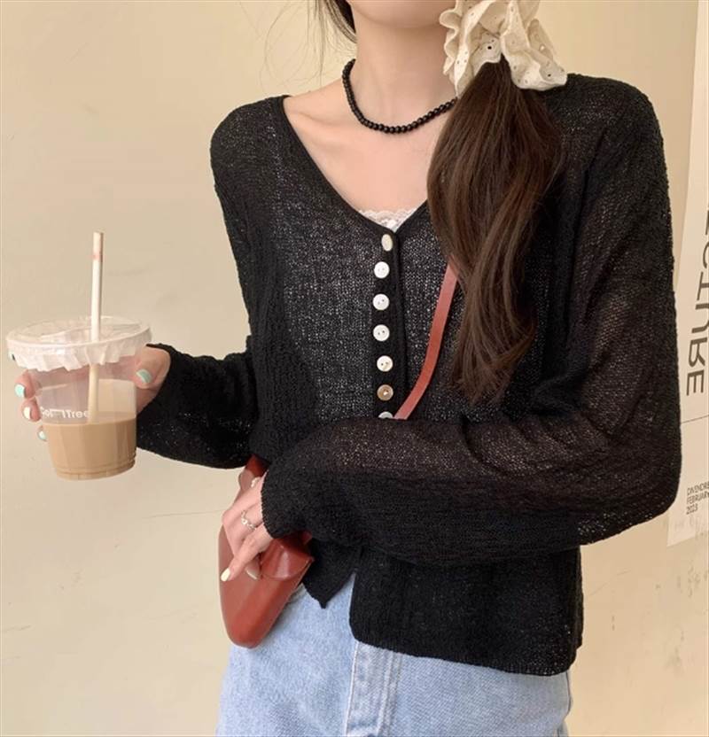 尼龍, 人造絲, 聚酯 - 【P2倍&クーポン有】 レディース トップス 長袖 20代 カーディガン 無地 夏 10代 通学 旅行 お出かけ お食事 学生 存在感 ボタン 学校 大人可愛い きれいめ 30代 春 Vネック かわいい 40代 おしゃれ デート カジュアル お姉さん 透け感